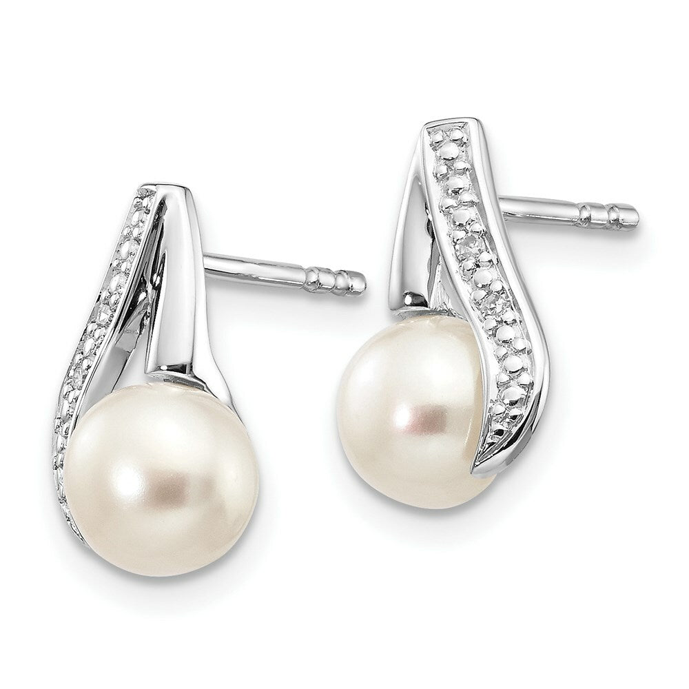 14K White Gold (6-7mm) Button Freshwater Cultured Pearl & Diamond Earrings