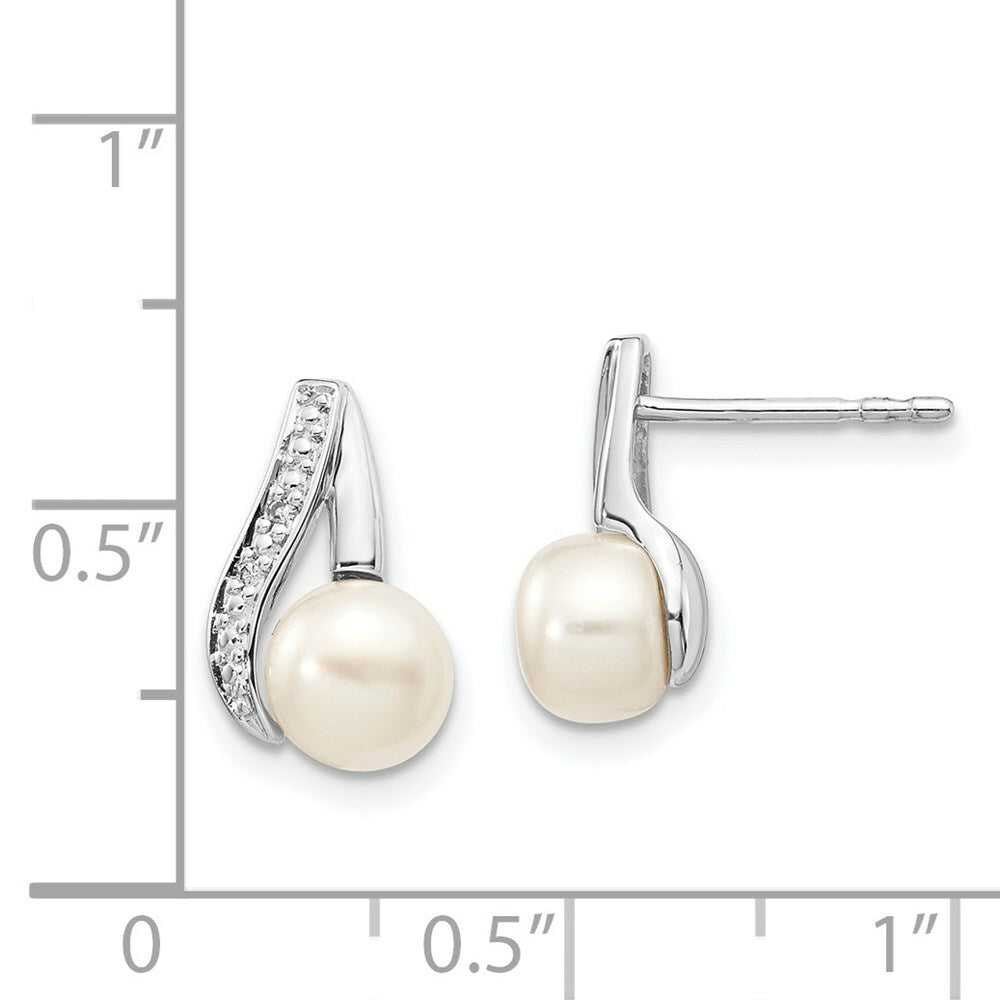 14K White Gold (6-7mm) Button Freshwater Cultured Pearl & Diamond Earrings