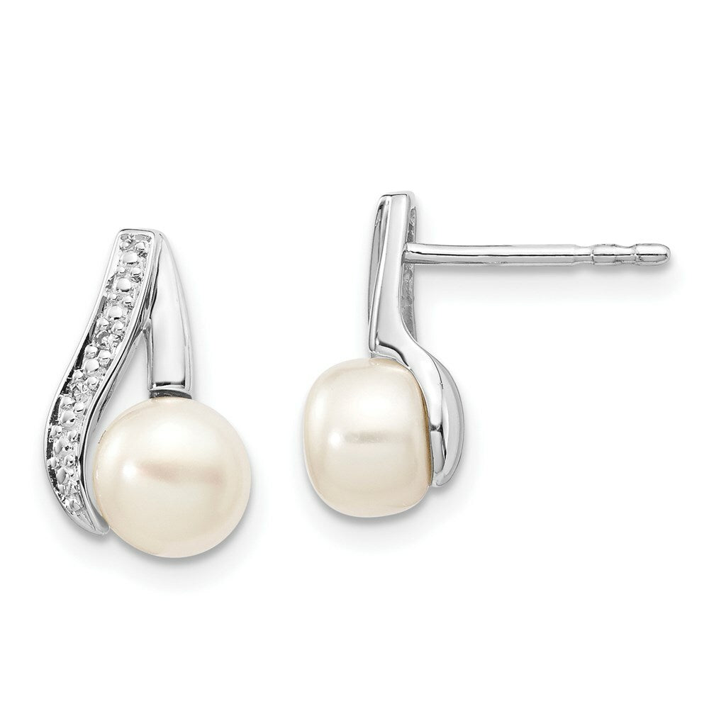 14K White Gold (6-7mm) Button Freshwater Cultured Pearl & Diamond Earrings