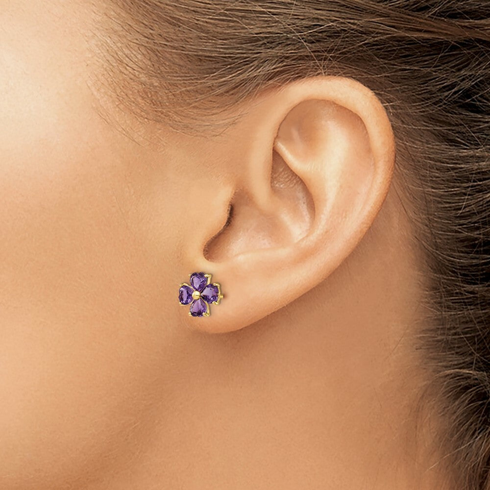 14K Yellow Gold Heart-shaped Amethyst Flower Post Earrings 1.76-Carat tw