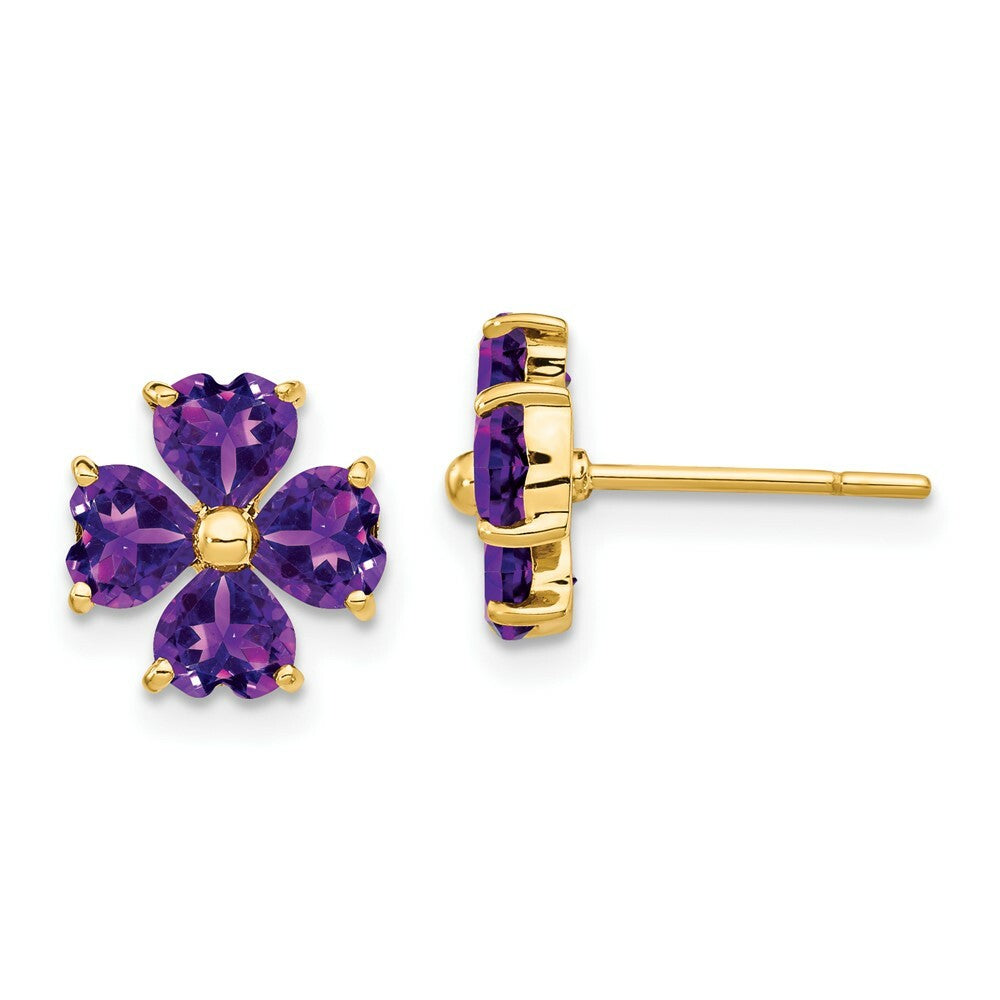 14K Yellow Gold Heart-shaped Amethyst Flower Post Earrings 1.76-Carat tw