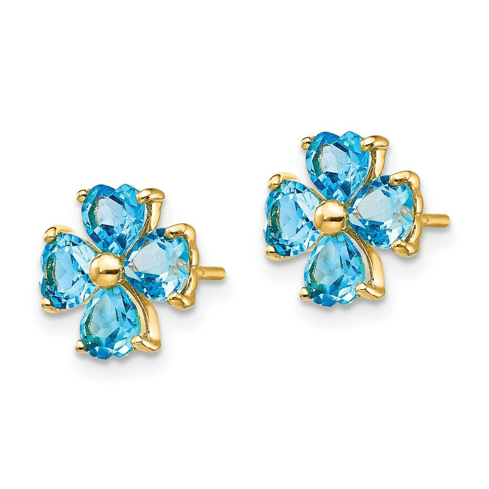 14K Yellow Gold Heart-shaped Swiss Blue Topaz Flower Post Earrings 2.28-Carat tw