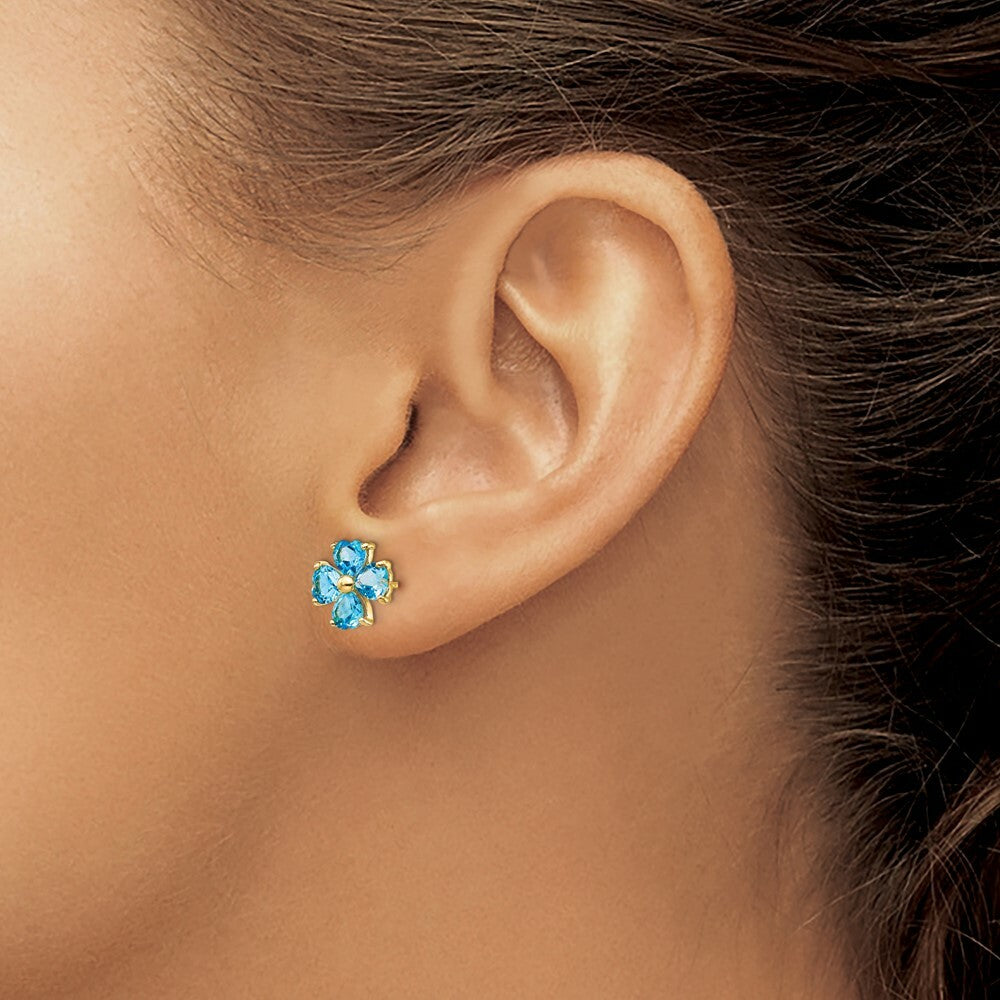14K Yellow Gold Heart-shaped Swiss Blue Topaz Flower Post Earrings 2.28-Carat tw