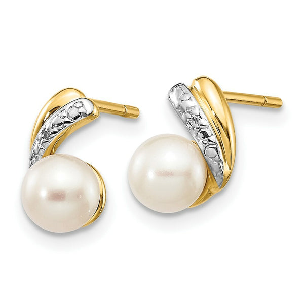 14K Yellow Gold Diamond and 5-6mm Round Freshwater Cultured Pearl Post Earrings