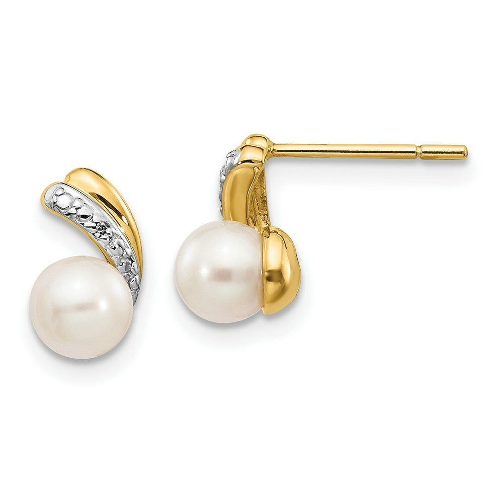 14K Yellow Gold Diamond and 5-6mm Round Freshwater Cultured Pearl Post Earrings