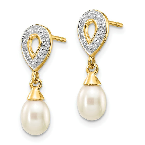 14K Diamond and 7x5mm Egg Freshwater Cultured Pearl Post Dangle Earrings