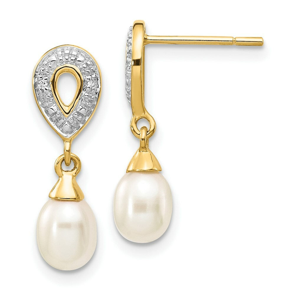 14K Diamond and 7x5mm Egg Freshwater Cultured Pearl Post Dangle Earrings