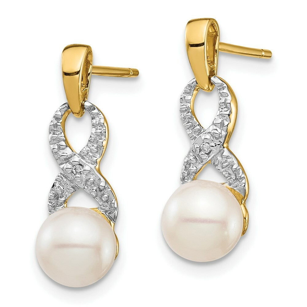 14K Diamond and 6-7mm Round Freshwater Cultured Pearl Post Dangle Earrings