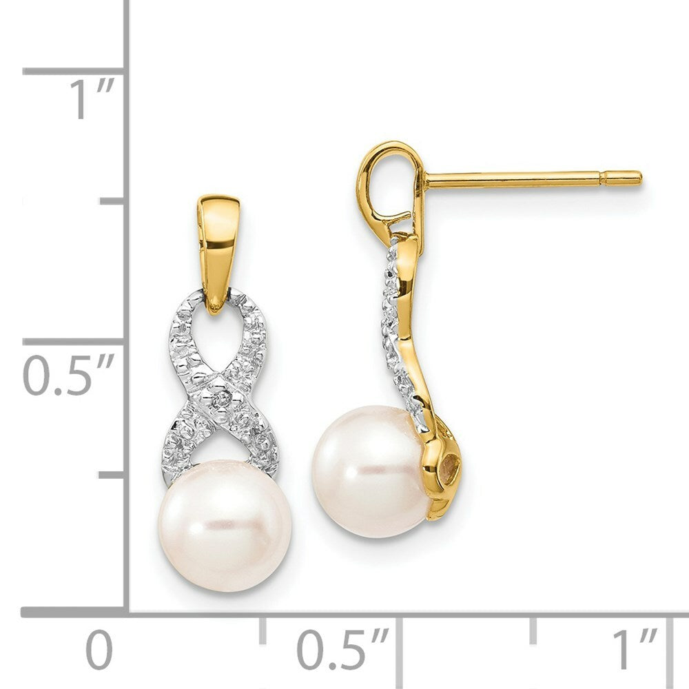 14K Diamond and 6-7mm Round Freshwater Cultured Pearl Post Dangle Earrings