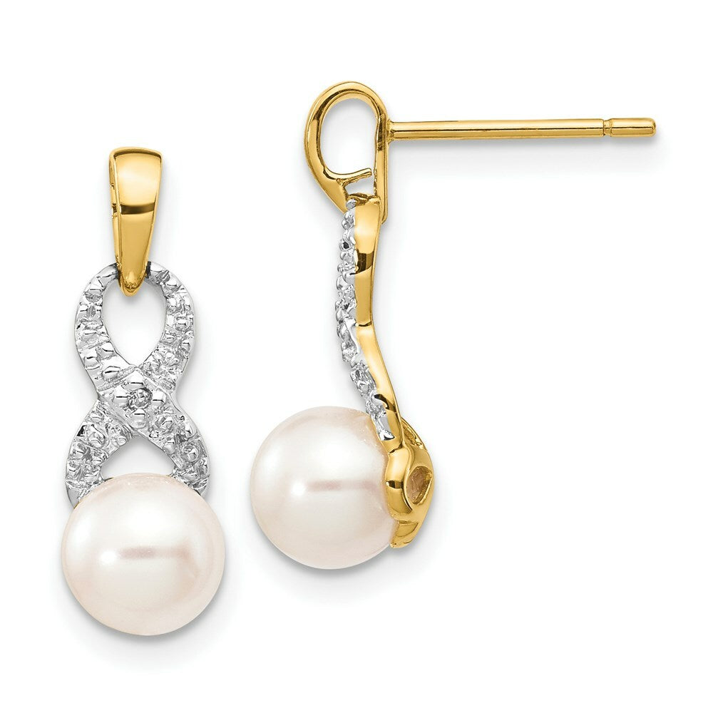 14K Diamond and 6-7mm Round Freshwater Cultured Pearl Post Dangle Earrings