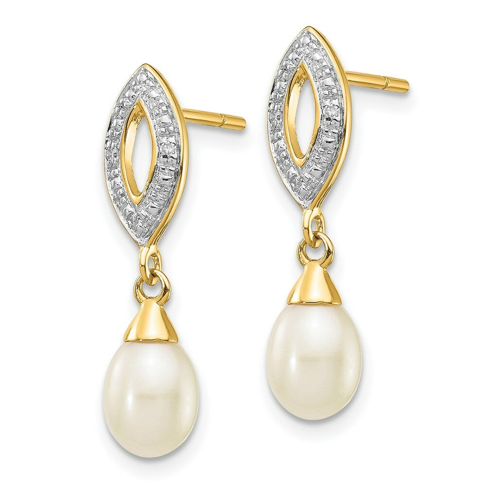 14K Diamond and 7x5mm Egg Freshwater Cultured Pearl Post Dangle Earrings