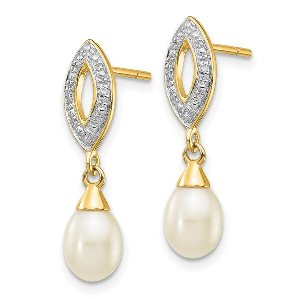 14K Diamond and 7x5mm Egg Freshwater Cultured Pearl Post Dangle Earrings