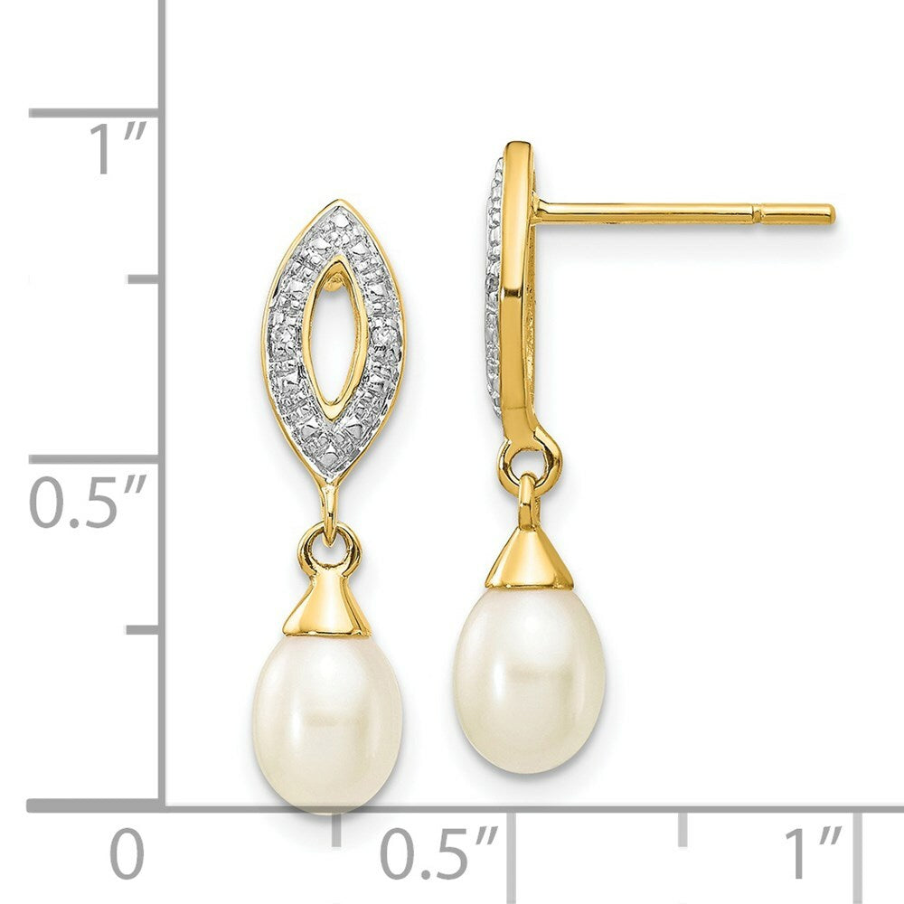14K Diamond and 7x5mm Egg Freshwater Cultured Pearl Post Dangle Earrings