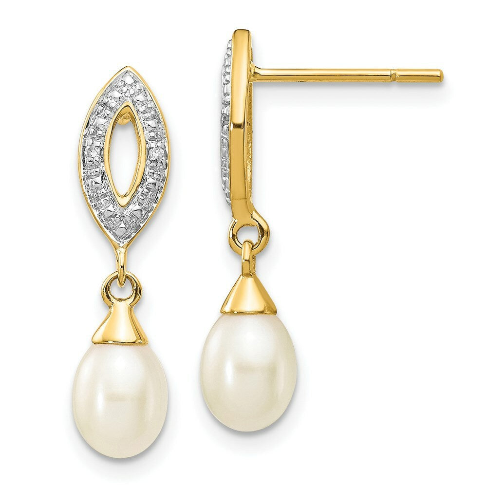 14K Diamond and 7x5mm Egg Freshwater Cultured Pearl Post Dangle Earrings