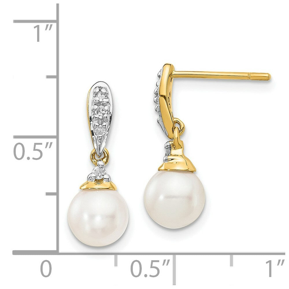 14K Diamond and 6-7mm Round Freshwater Cultured Pearl Post Dangle Earrings