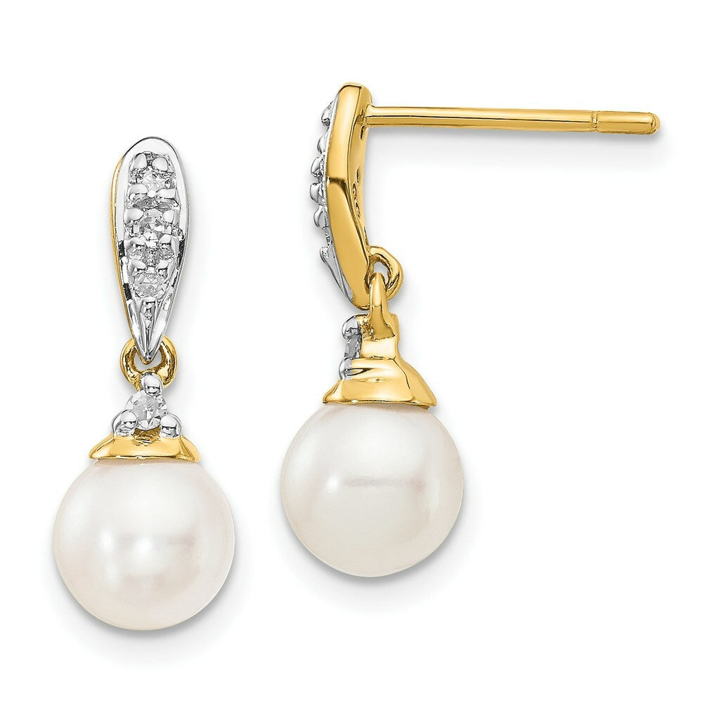 14K Diamond and 6-7mm Round Freshwater Cultured Pearl Post Dangle Earrings