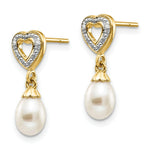 Load image into Gallery viewer, 14K Diamond and 7x5mm Egg Freshwater Cultured Pearl Heart Dangle Earrings
