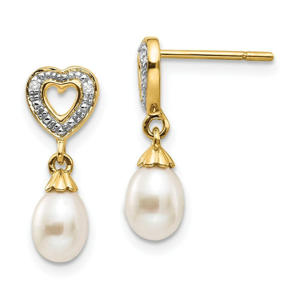 14K Diamond and 7x5mm Egg Freshwater Cultured Pearl Heart Dangle Earrings