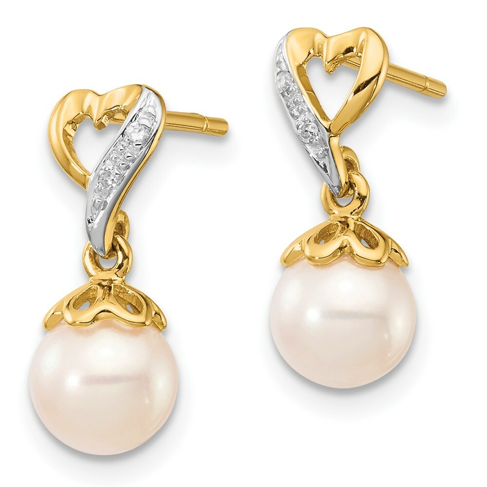 14K Diamond and 6-7mm Round Freshwater Cultured Pearl Heart Dangle Earrings
