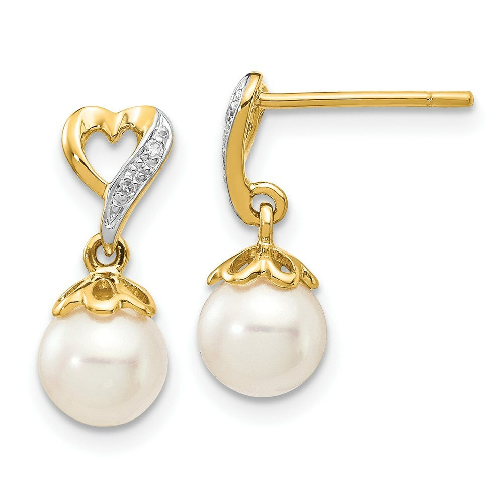 14K Diamond and 6-7mm Round Freshwater Cultured Pearl Heart Dangle Earrings