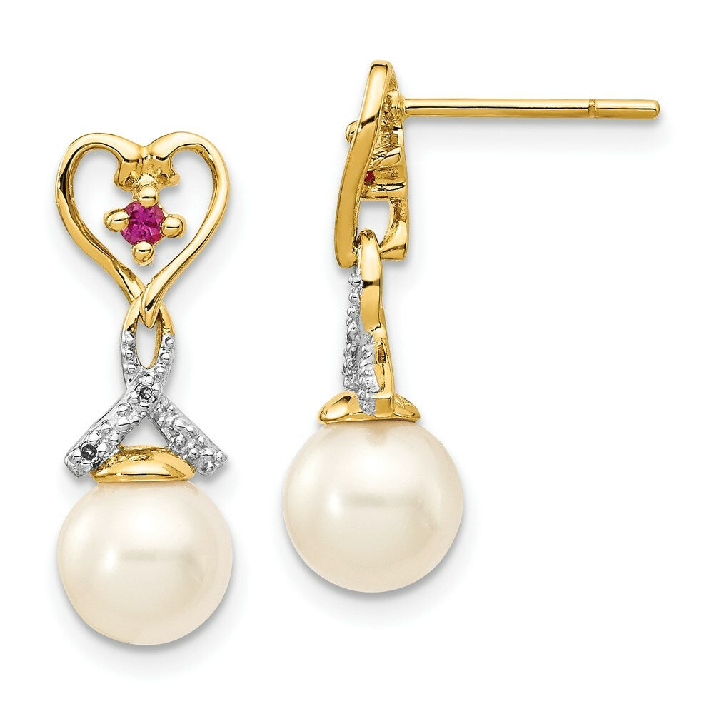 14K Diamond 7-8mm Freshwater Cultured Pearl & Created Composite Ruby Post Ear