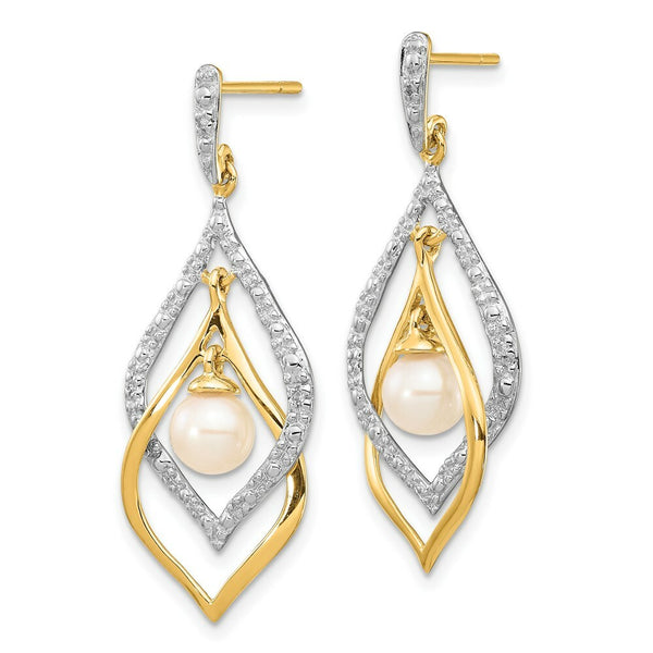 14K Diamond and 5-6mm Freshwater Cultured Pearl Post Dangle Earrings