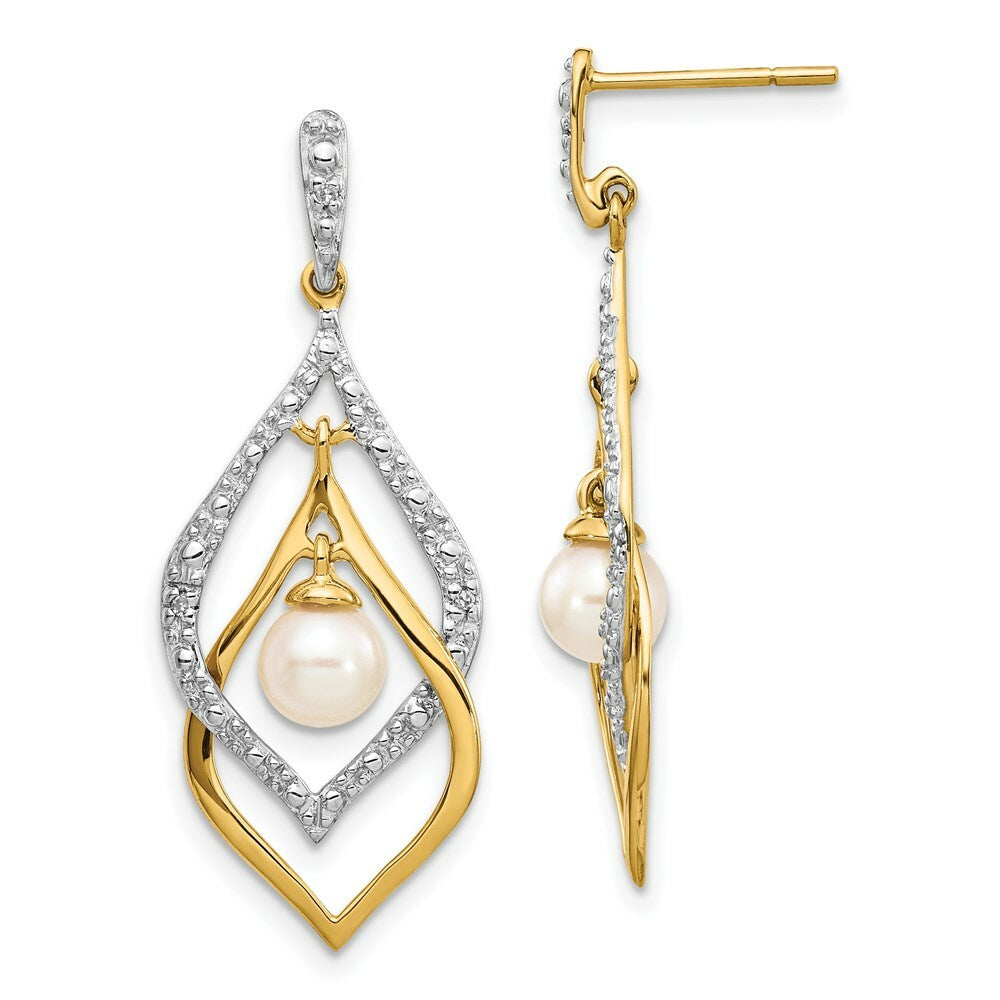 14K Diamond and 5-6mm Freshwater Cultured Pearl Post Dangle Earrings