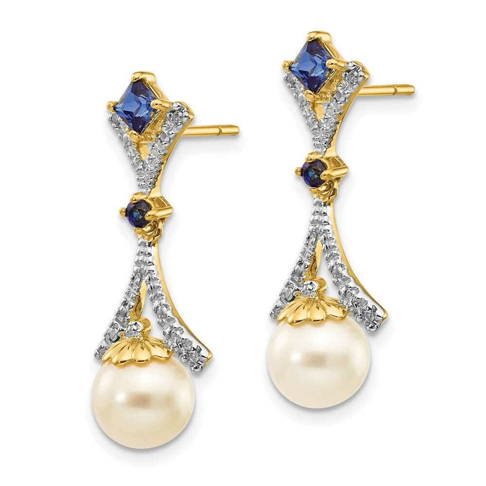 14K Diamond 7-8mm Freshwater Cultured Pearl & Created Sapphire Post Ear