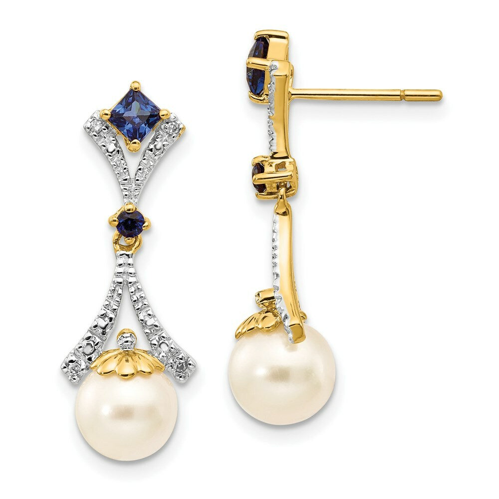 14K Diamond 7-8mm Freshwater Cultured Pearl & Created Sapphire Post Ear