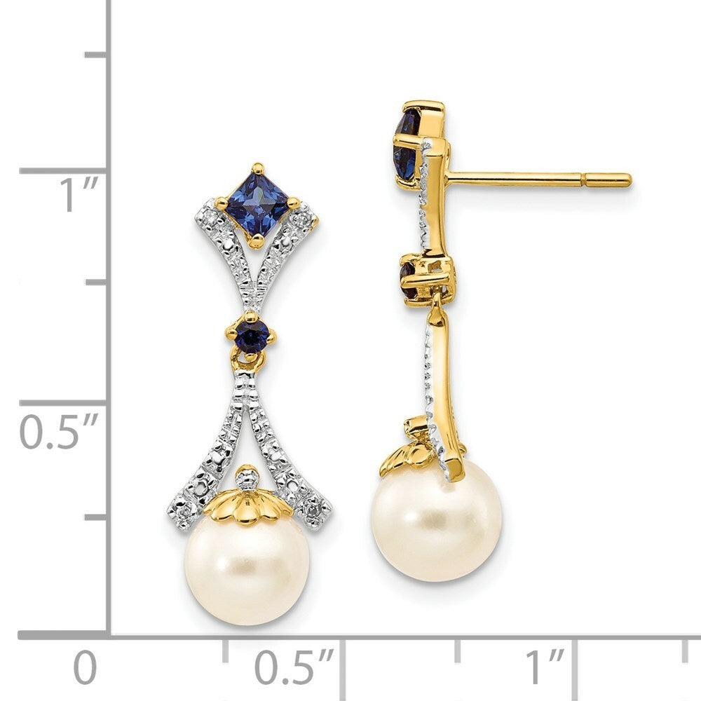 14K Diamond 7-8mm Freshwater Cultured Pearl & Created Sapphire Post Ear