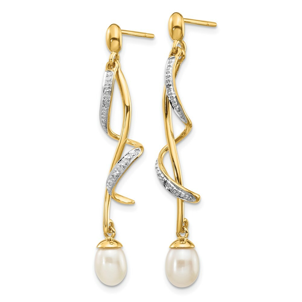 14K Yellow Gold Diamond and 7x5mm Egg Freshwater Cultured Pearl Post Dangle Earrings 0.01 Ct. Diamond accent