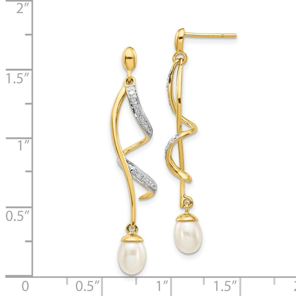 14K Yellow Gold Diamond and 7x5mm Egg Freshwater Cultured Pearl Post Dangle Earrings 0.01 Ct. Diamond accent