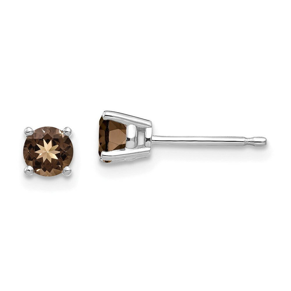 14K White Gold 4mm Round Smoky Quartz Earring