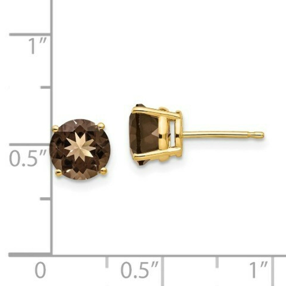 14K Yellow Gold 7mm Round Smoky Quartz Earrings