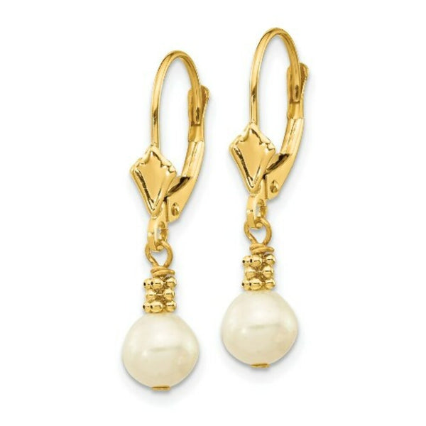 14K Yellow (5-6mm) Semi-round Freshwater Cultured Pearl Leverback Earrings