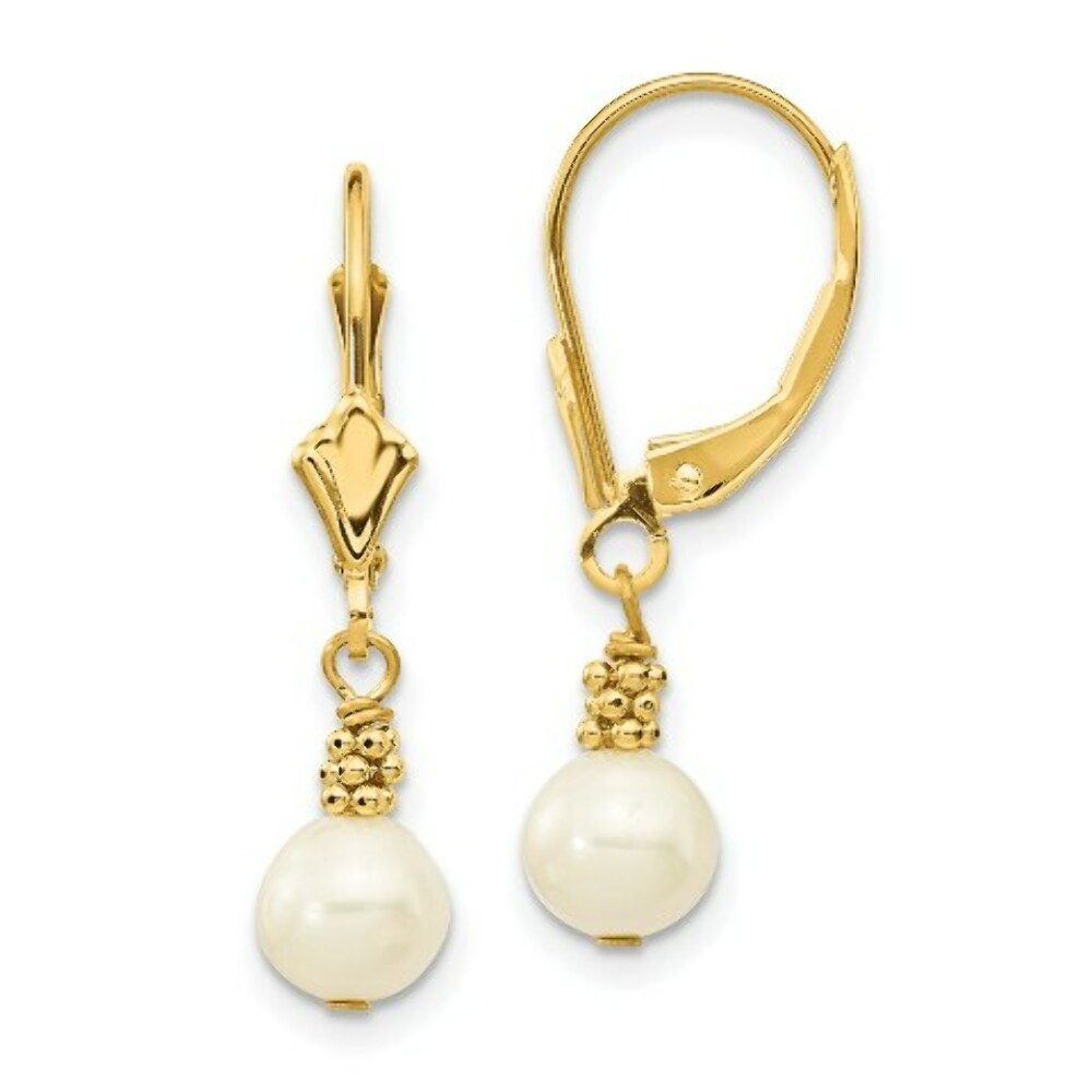14K Yellow (5-6mm) Semi-round Freshwater Cultured Pearl Leverback Earrings