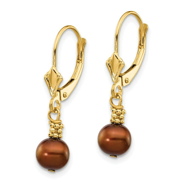 14K Yellow Gold (5-6mm) Coffee Brown Freshwater Cultured Pearl Leverback Earrings