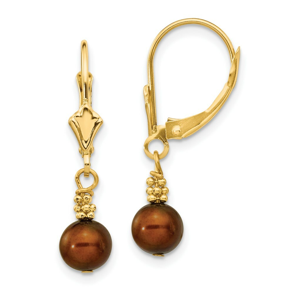 14K Yellow Gold (5-6mm) Coffee Brown Freshwater Cultured Pearl Leverback Earrings