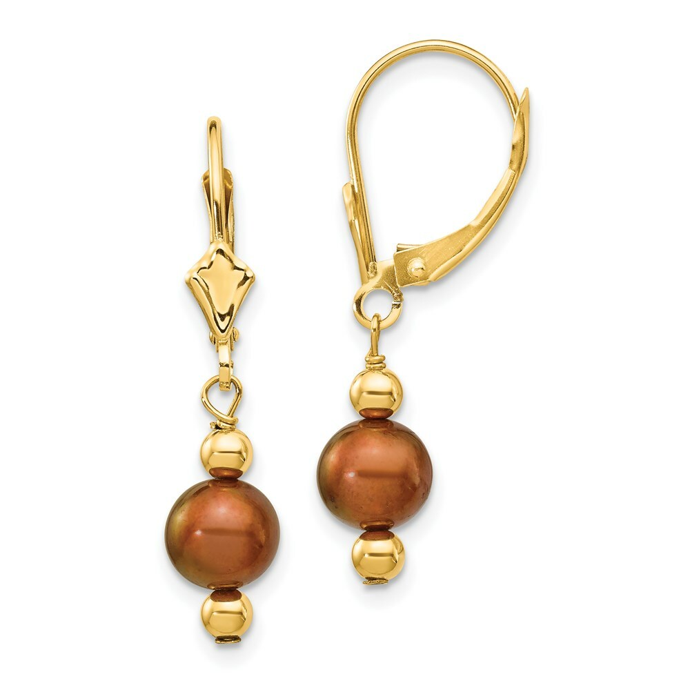 14K Yellow Gold (5-6mm) Coffee Brown Freshwater Cultured Pearl & Bead Leverback Ear