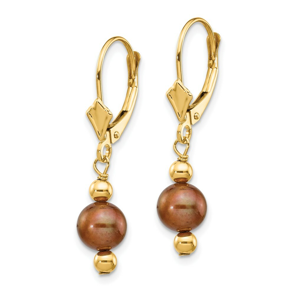 14K Yellow Gold (5-6mm) Coffee Brown Freshwater Cultured Pearl & Bead Leverback Ear
