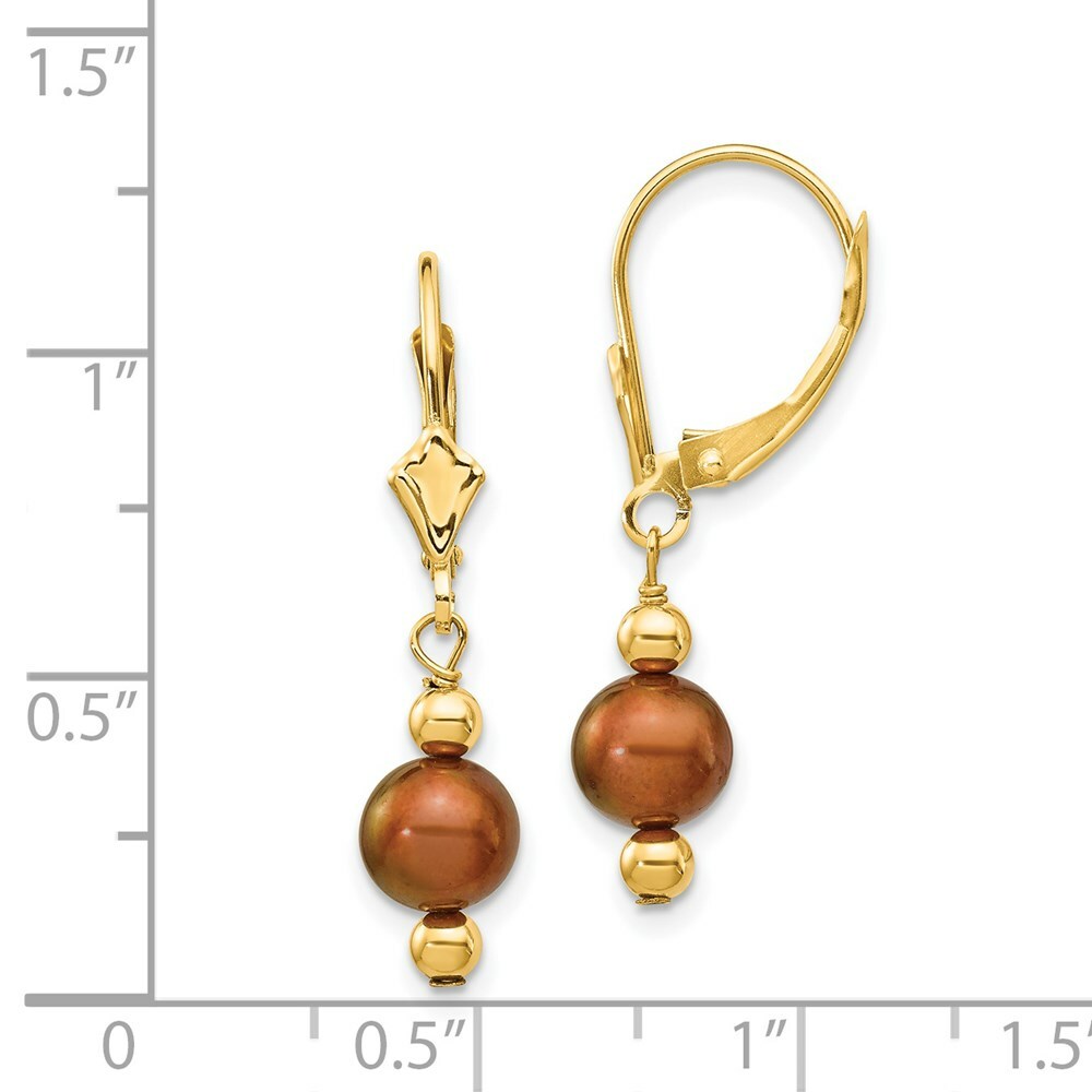 14K Yellow Gold (5-6mm) Coffee Brown Freshwater Cultured Pearl & Bead Leverback Ear