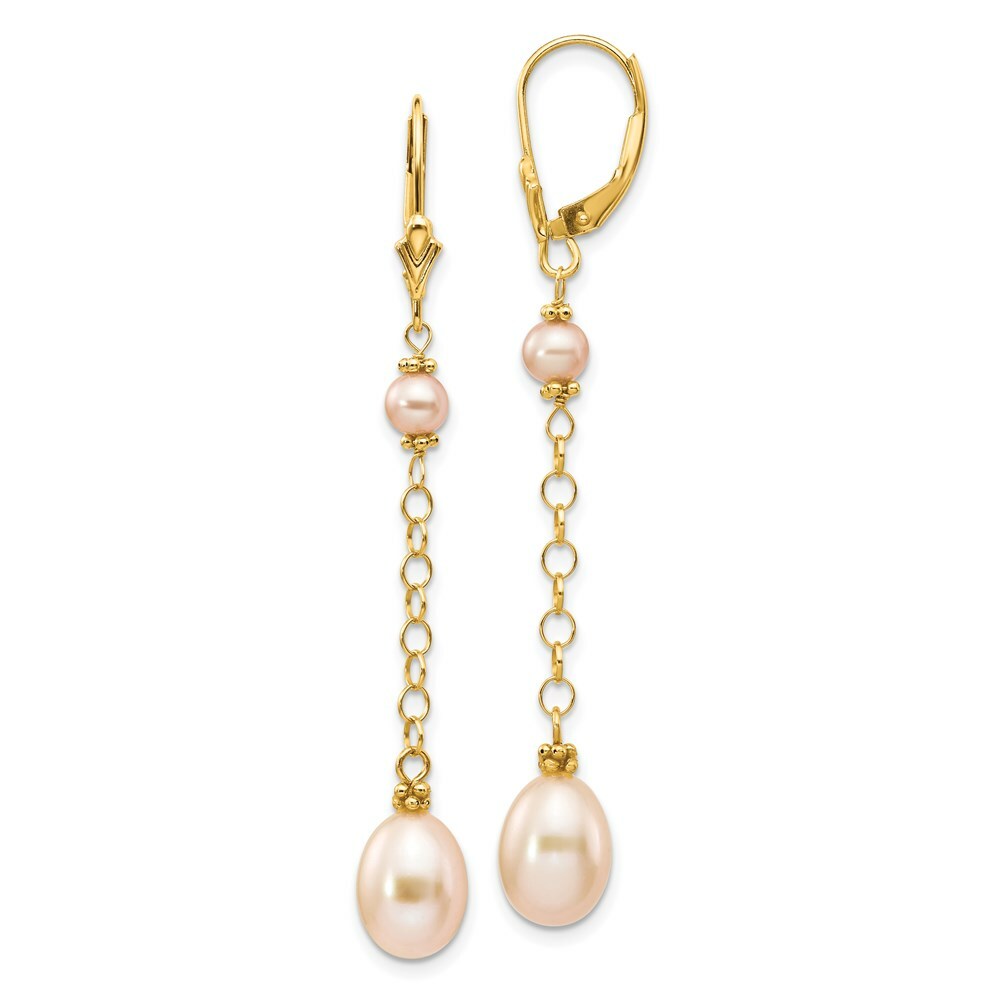 14K Pink Color Freshwater Cultured Pearl Leverback Earrings