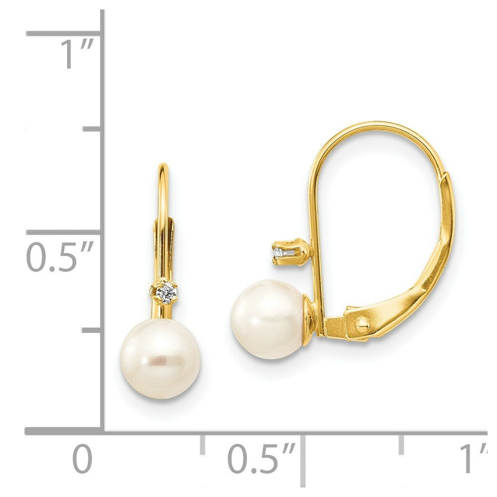 14K 5-6mm Round Freshwater Cultured Pearl and Diamond Leverback Earrings