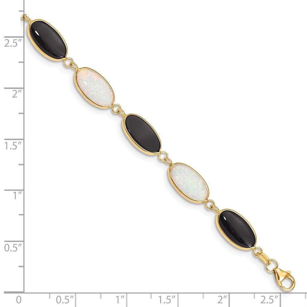 8.5" Length Bracelet 14K Yellow Gold Onyx & Imitation Opal Bracelet