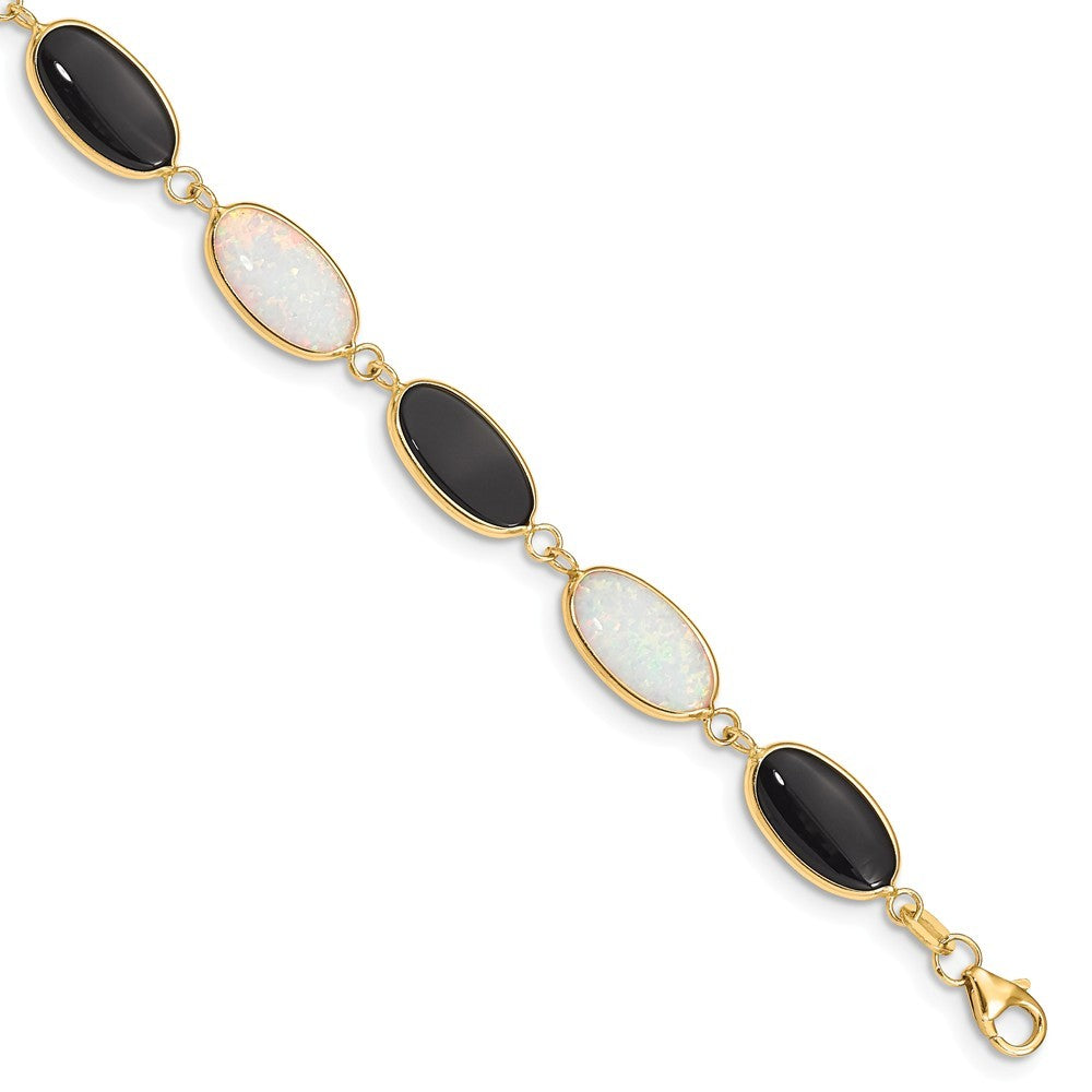 8.5" Length Bracelet 14K Yellow Gold Onyx & Imitation Opal Bracelet