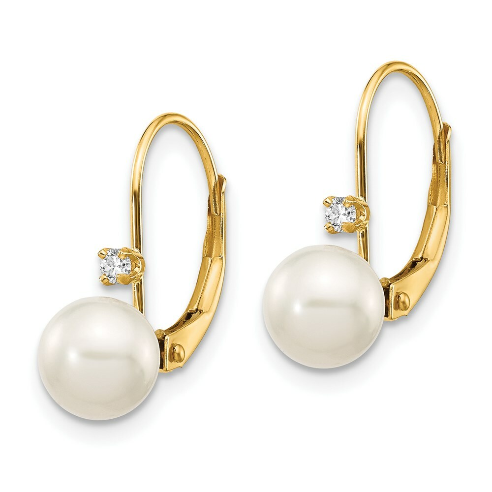 14K 6-7mm Round Freshwater Cultured Pearl and Diamond Leverback Earrings