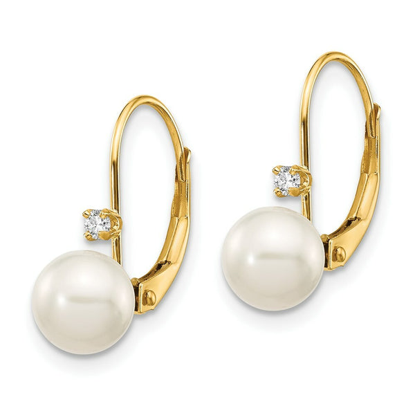 14K 6-7mm Round Freshwater Cultured Pearl and Diamond Leverback Earrings