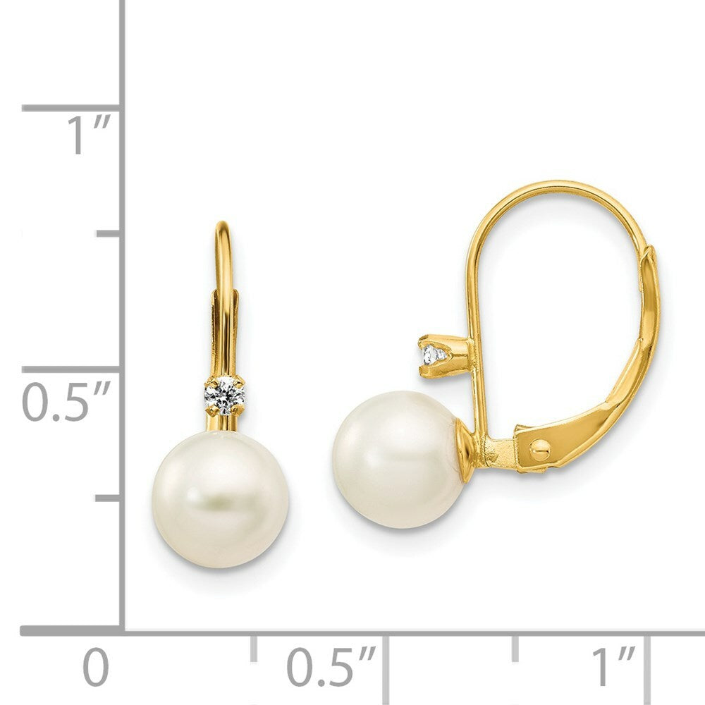 14K 6-7mm Round Freshwater Cultured Pearl and Diamond Leverback Earrings