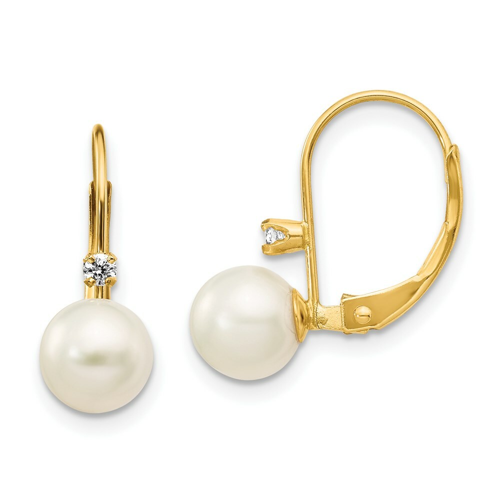 14K 6-7mm Round Freshwater Cultured Pearl and Diamond Leverback Earrings
