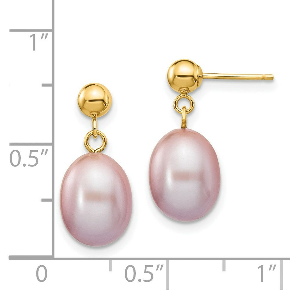 14K 8-9mm Purple Freshwater Cultured Pearl Dangle Earrings